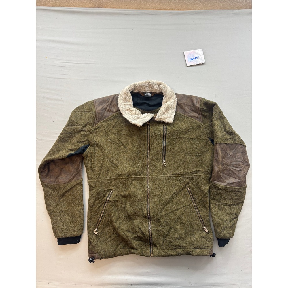 Kuhl Mens Fleece Jacket Olive Green Faux Leather Patches Shearling Collar Medium